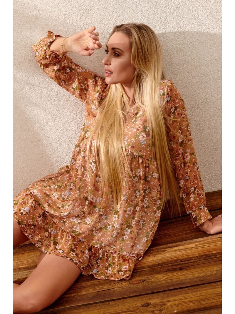 Floral dress with ruffles, light brown PR1892 - Online store - Boutique